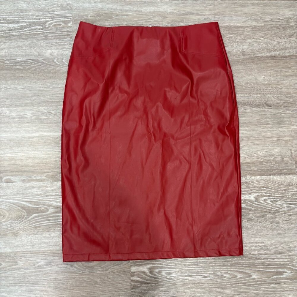TEMU Red Faux Leather Slim Fit Pencil Skirt Knee lenght sz L